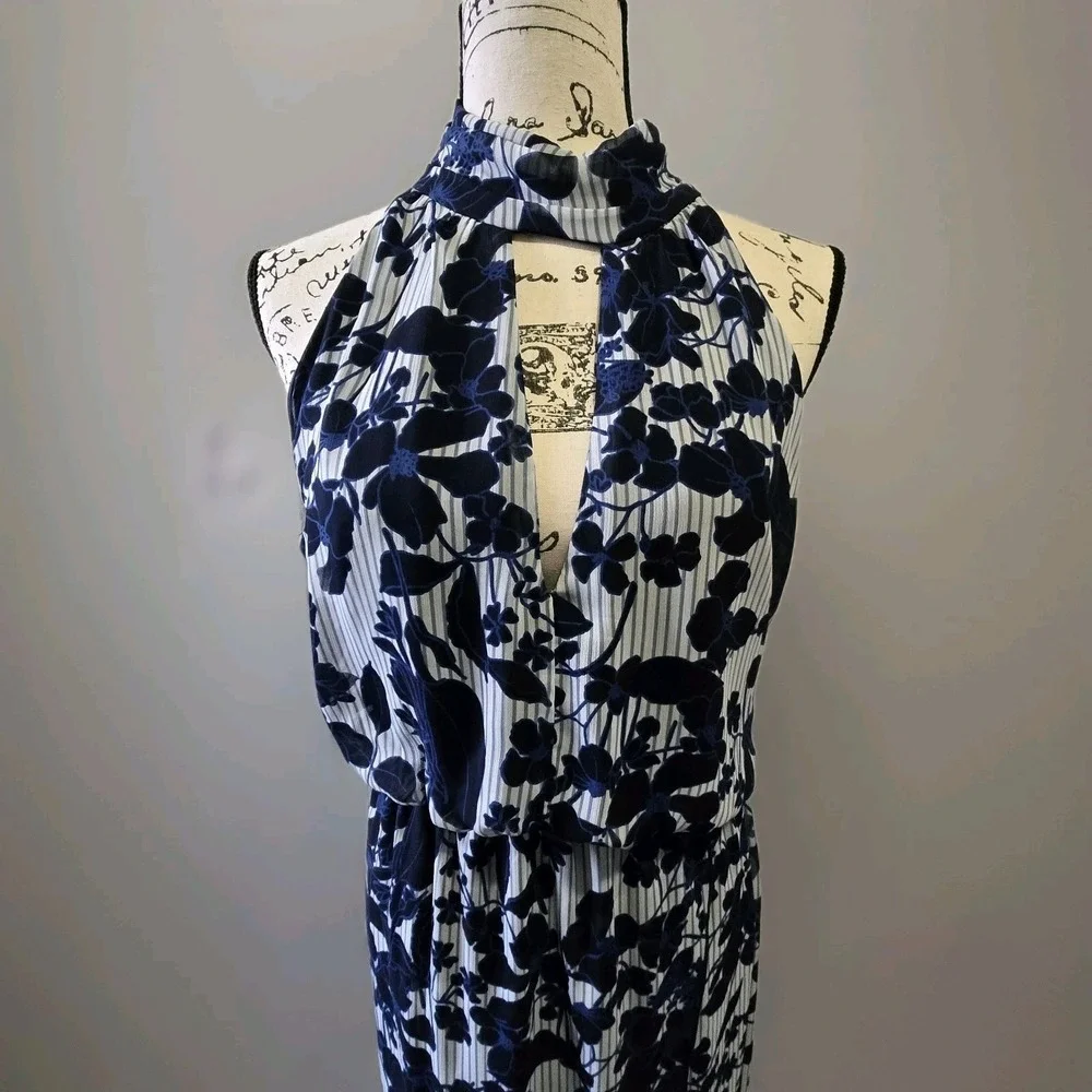 En Focus Studio Maxi Dress Women's Sz 14 Blue Gray Sleeveless Floral‎ Mock Neck - Picture 3 of 14